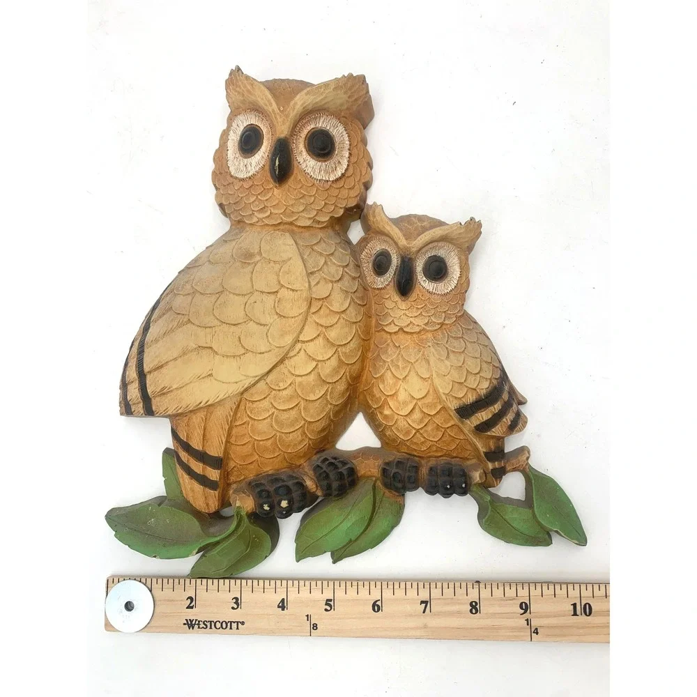 Vintage 1976 Homco Owl Wall Plaques Set of 2 Faux Wood Resin Decor 7403